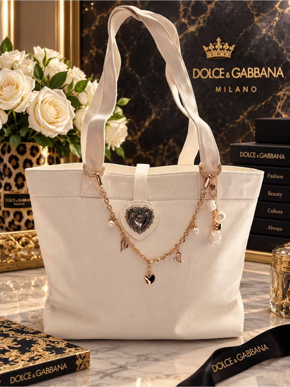 Dolce & Gabbana Cream Tote with gold Heart Charm Chain